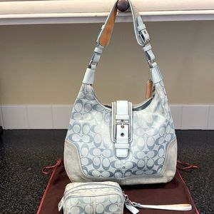 COACH signature canvas & suede in a soft minty blue.  Pouch is included. #6824